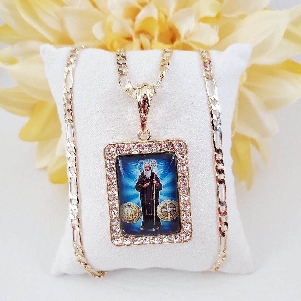 St Benedict Colored Rhinestone Gold Plated Necklace